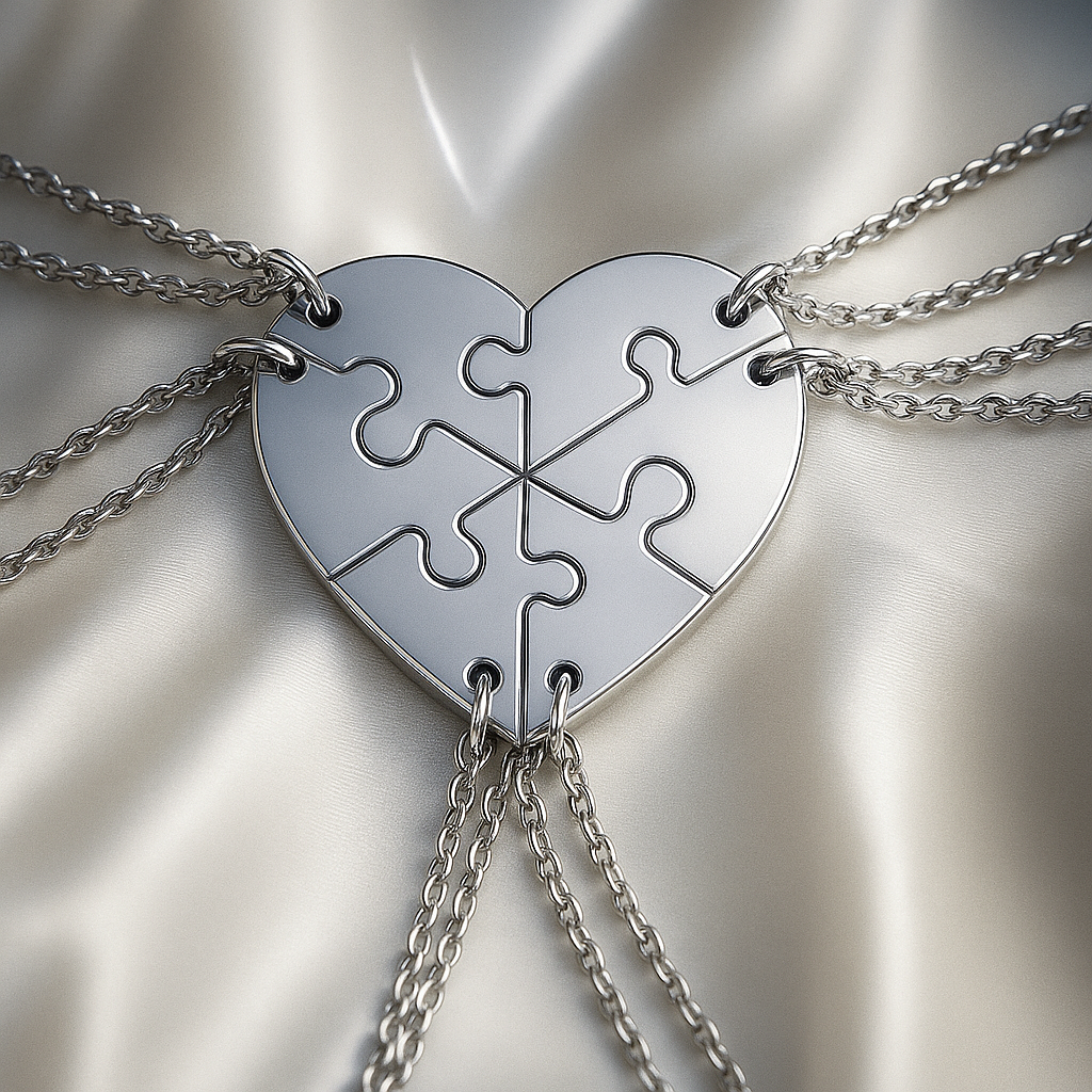 6 piece heart family puzzle pendant necklace silver