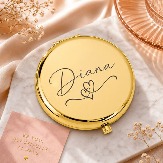 Gold tone Personalized Compact Pocket Mirror with Premium Custom engraving