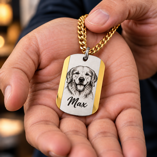 Dual Tone Pet Portrait Sketch & Pet Name Military Tag Necklace pendant.