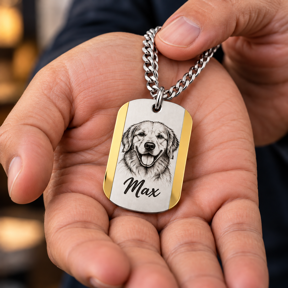 Dual Tone Pet Portrait Sketch & Pet Name Military Tag Necklace pendant.