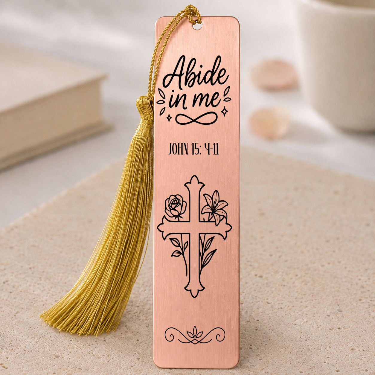 Abide in Me John 15:4-11, Unique Christian Bookmark gift Rose Gold