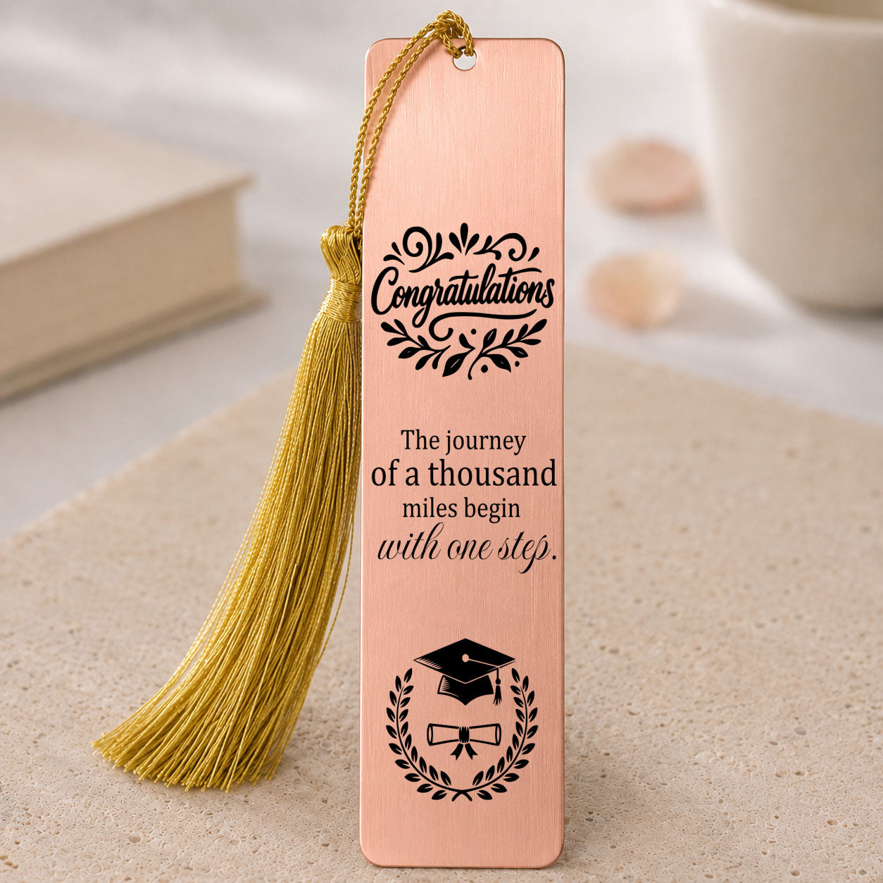 Personalized Inspirational Bookmark featuring the quote "A Journey of a Thousand Miles Begins with One Step