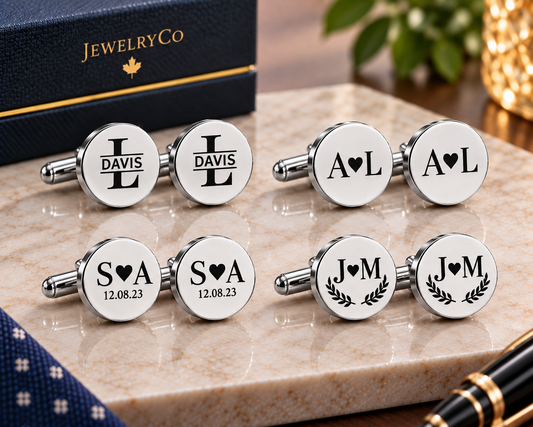 custom round cufflink in 18 preset initials designs