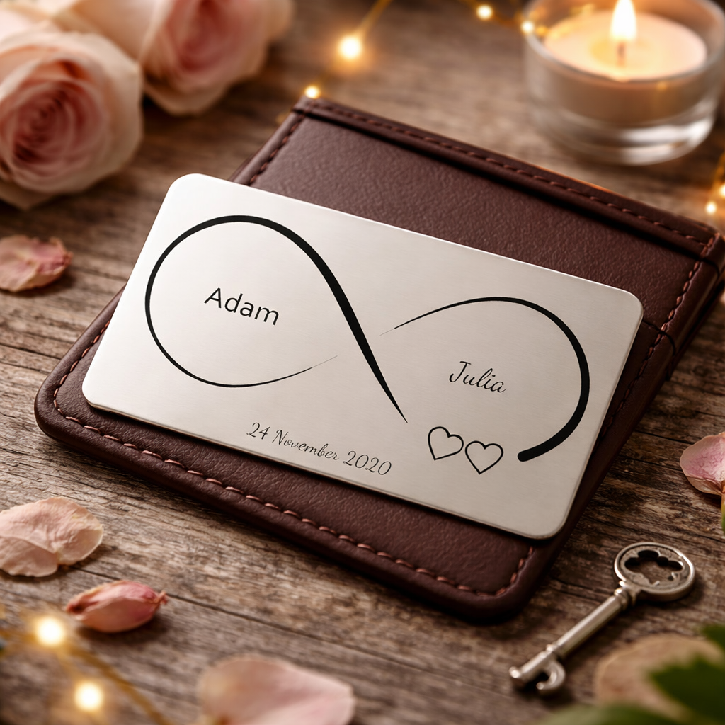 Personalized card with 'Adam' and 'Julia' names, infinity symbol, and date