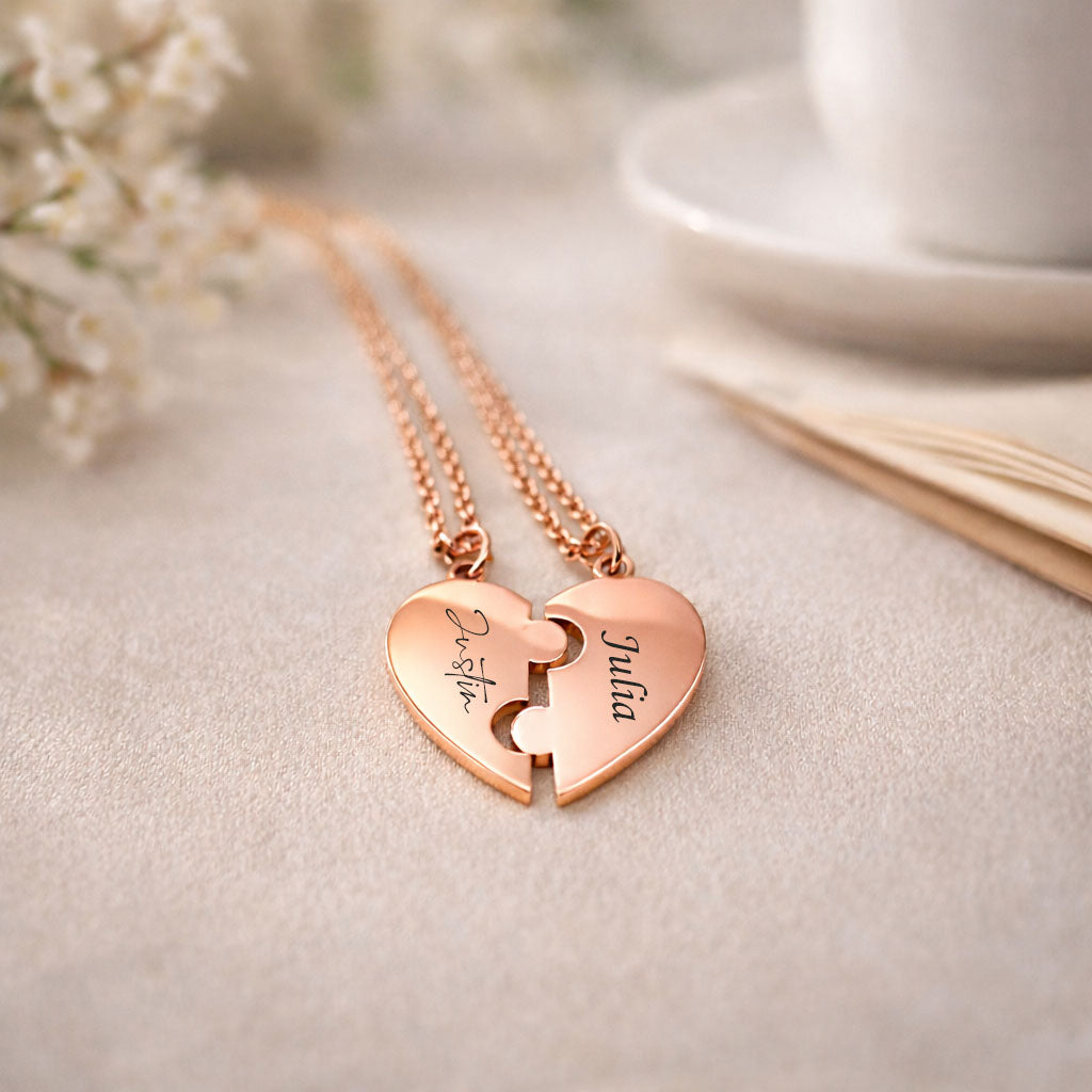 valentines Couples Heart Puzzle Necklace