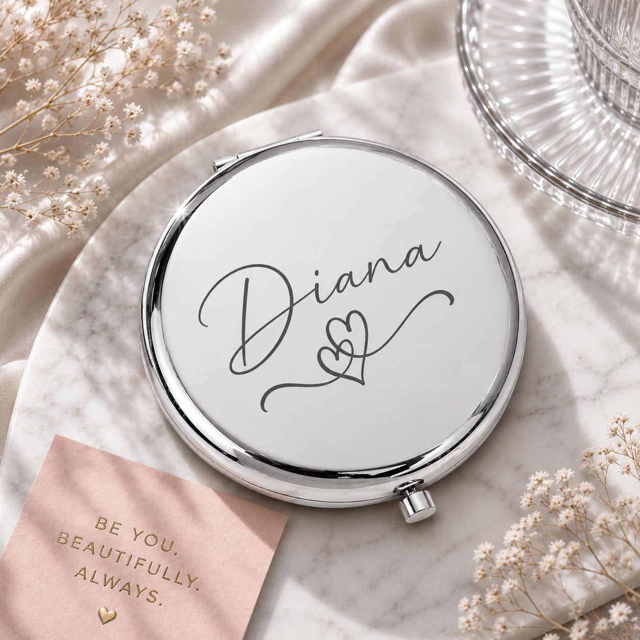 silver tone Personalized Compact Pocket Mirror with Premium Custom engraving