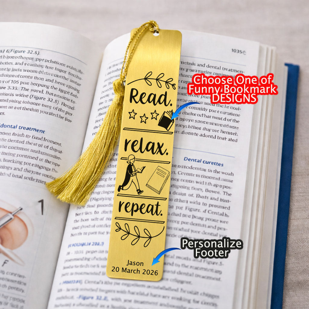 Read Relax Repeat - Funny Bookmarks in Gold for Adults, men, women, kids