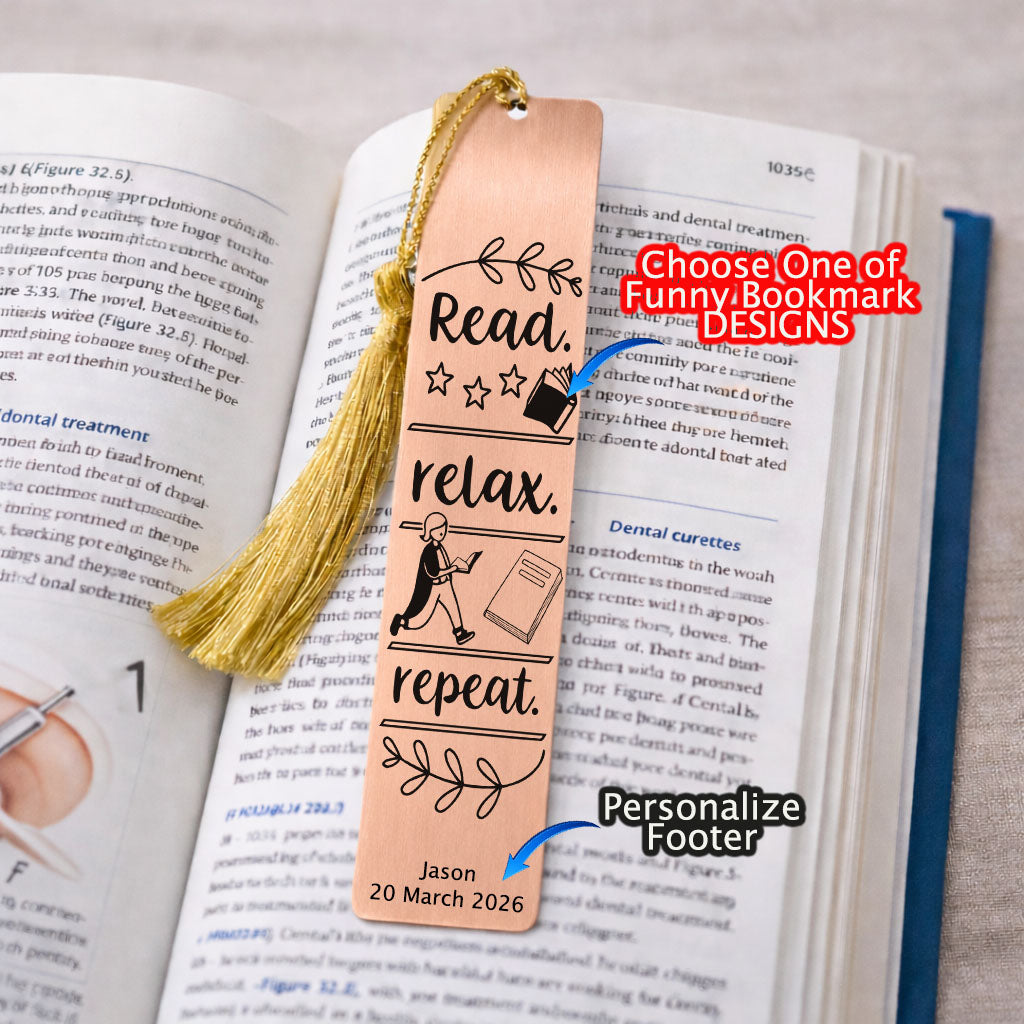 Read Relax Repeat - Funny Bookmarks in Rose Gold for Adults, men, women, kids