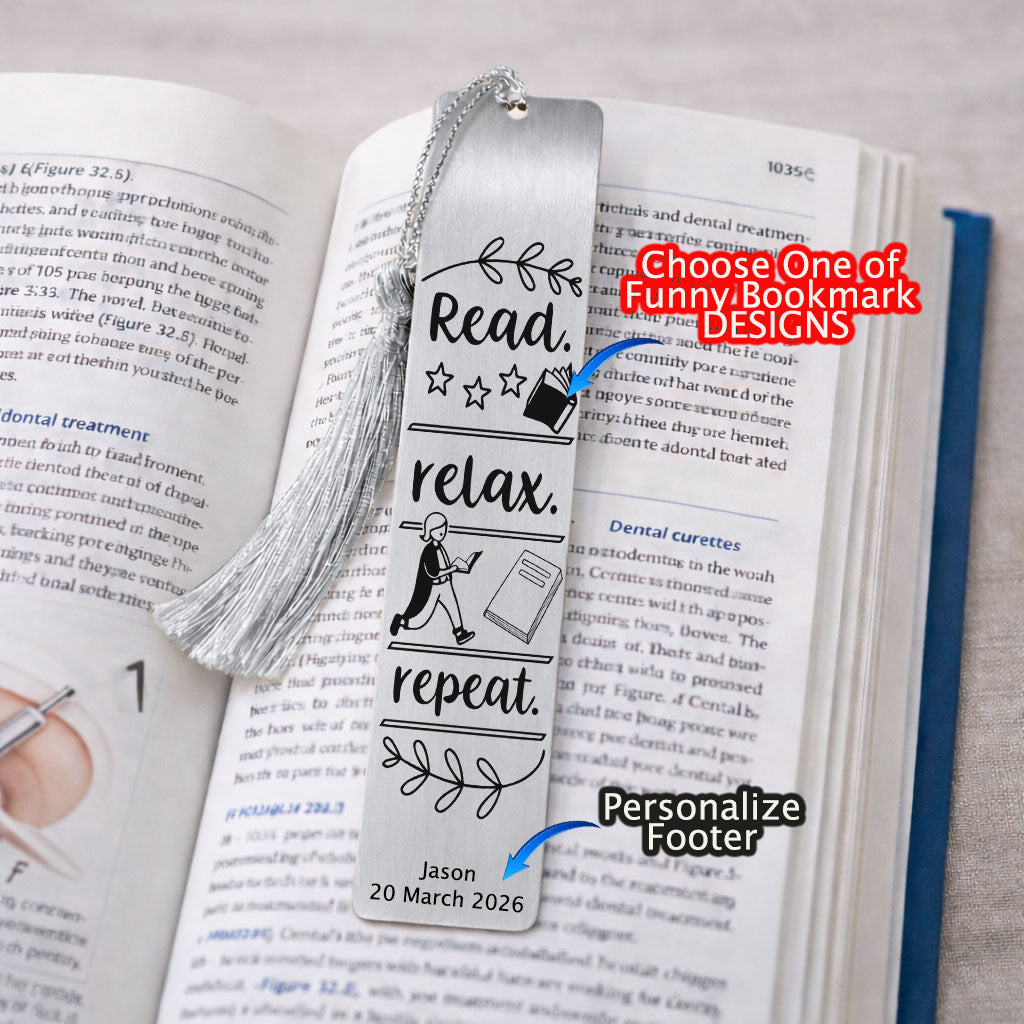 Read Relax Repeat - Funny Bookmarks in steel for Adults, men, women, kids