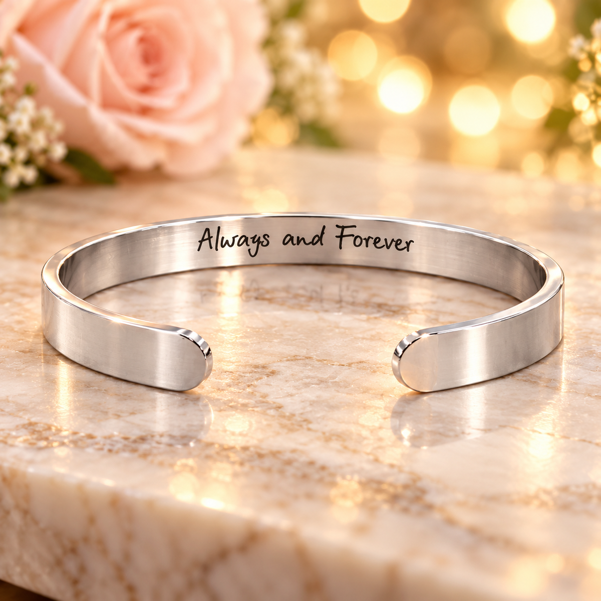 Always and Forever Engraved Cuff Bracelet – Personalized Love Bracelet, Promise Bracelet, Christmas Gift for Her