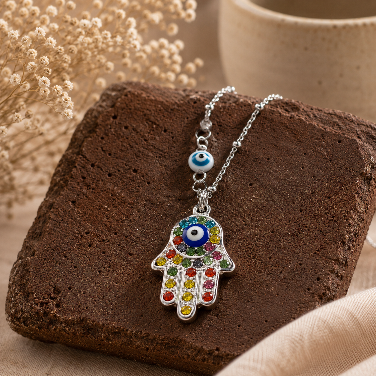 Silver Hamsa Pendant, Crystal Necklace