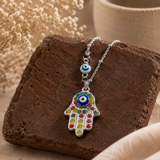Silver Hamsa Pendant, Crystal Necklace