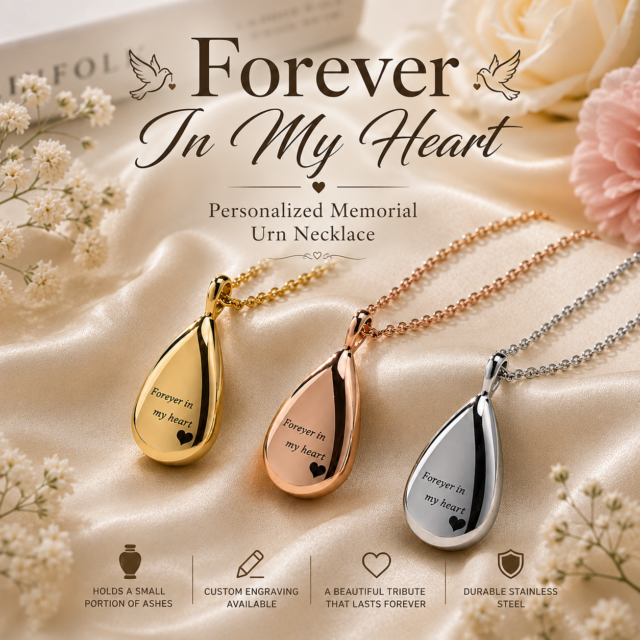 Three personalized urn necklace pendants in gold, rose gold, and silver are displayed on draped satin fabric with decorative flowers. The pendants are engraved with the words 'Forever in my heart' and a small heart.