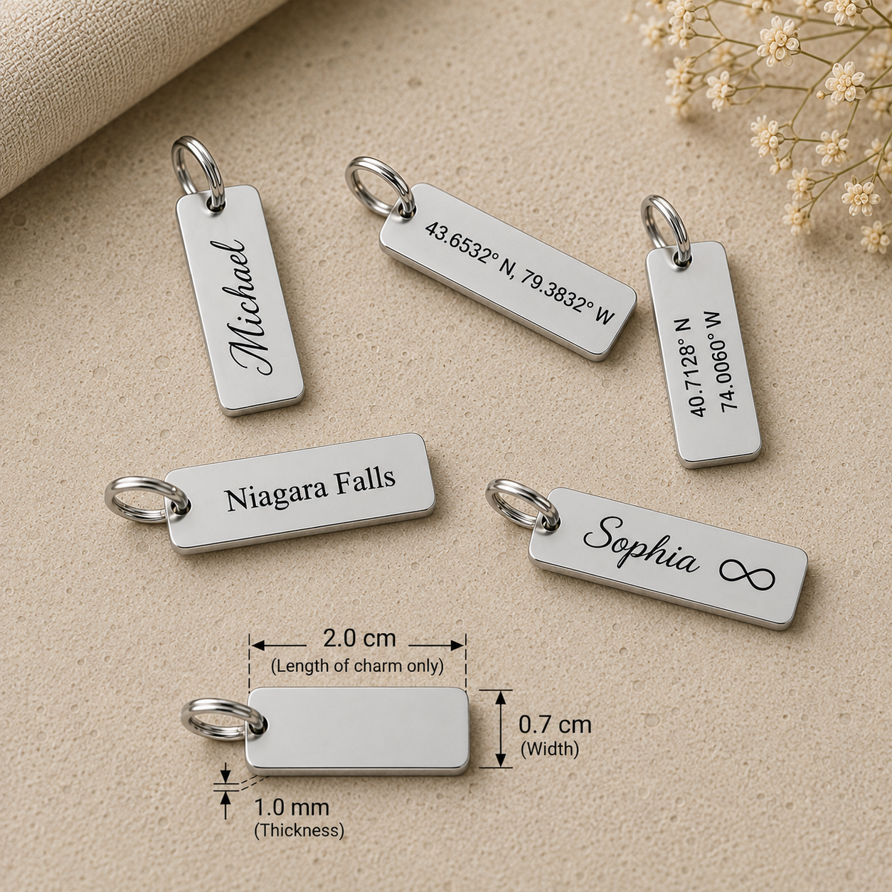 Custom Engraved Small Rectangle Charms steel silver