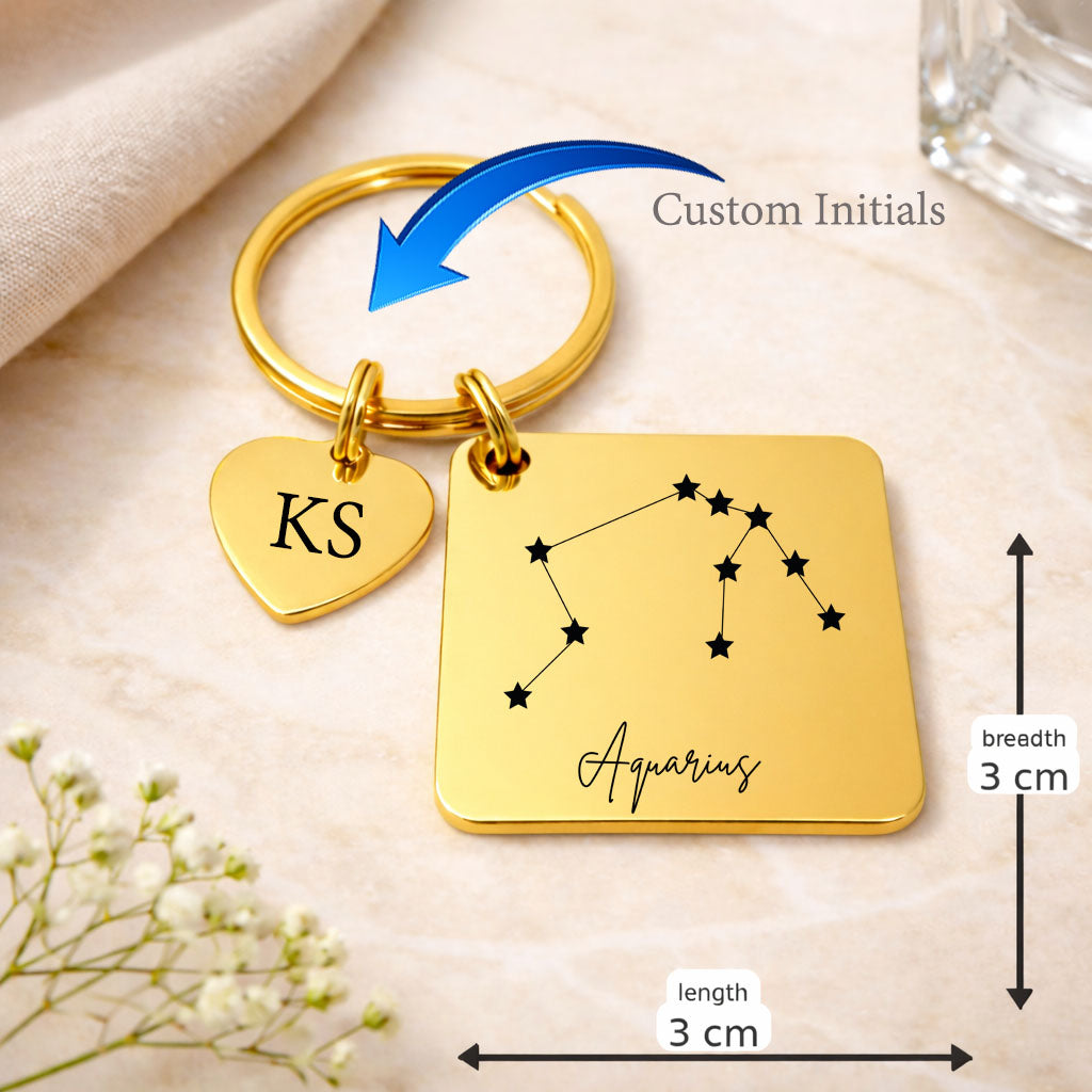 Aquarius zodiac sign Keychain with Custom Initials