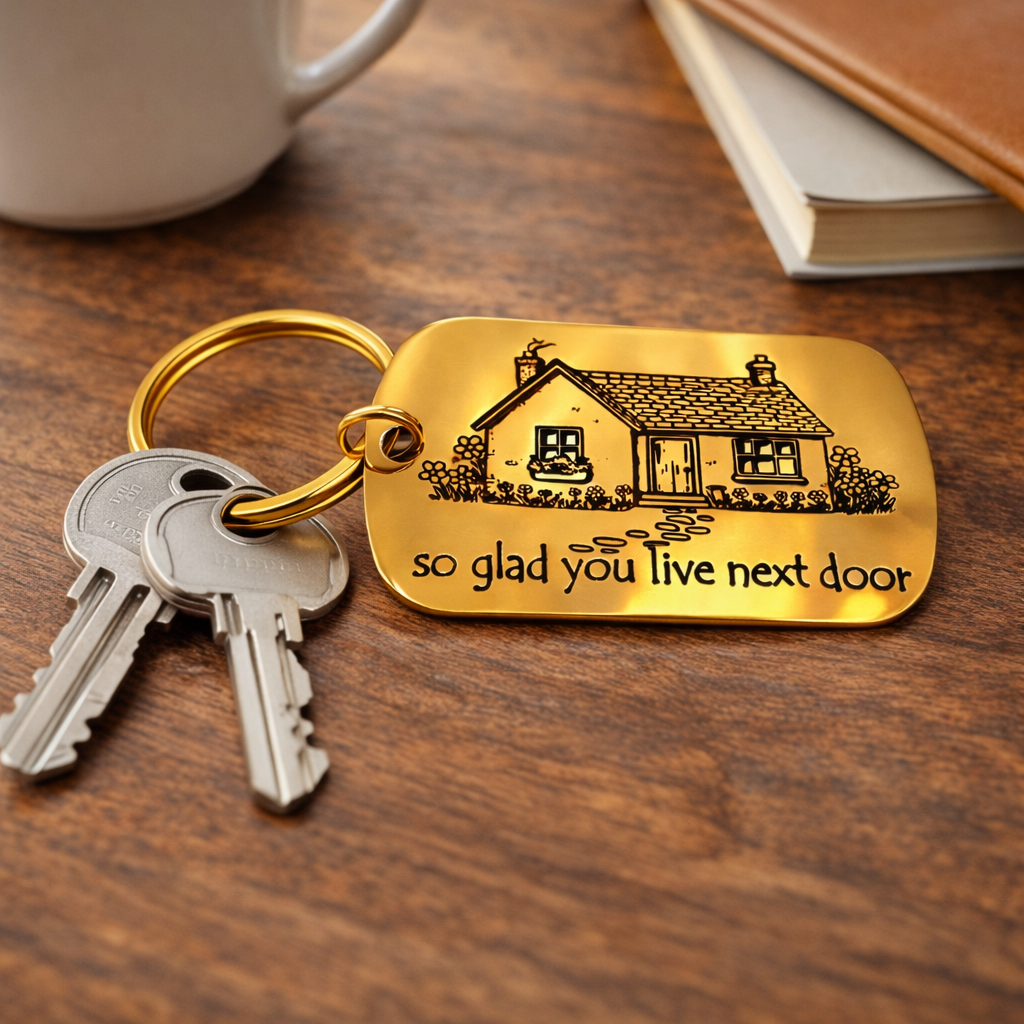 so glad you live next door keychain