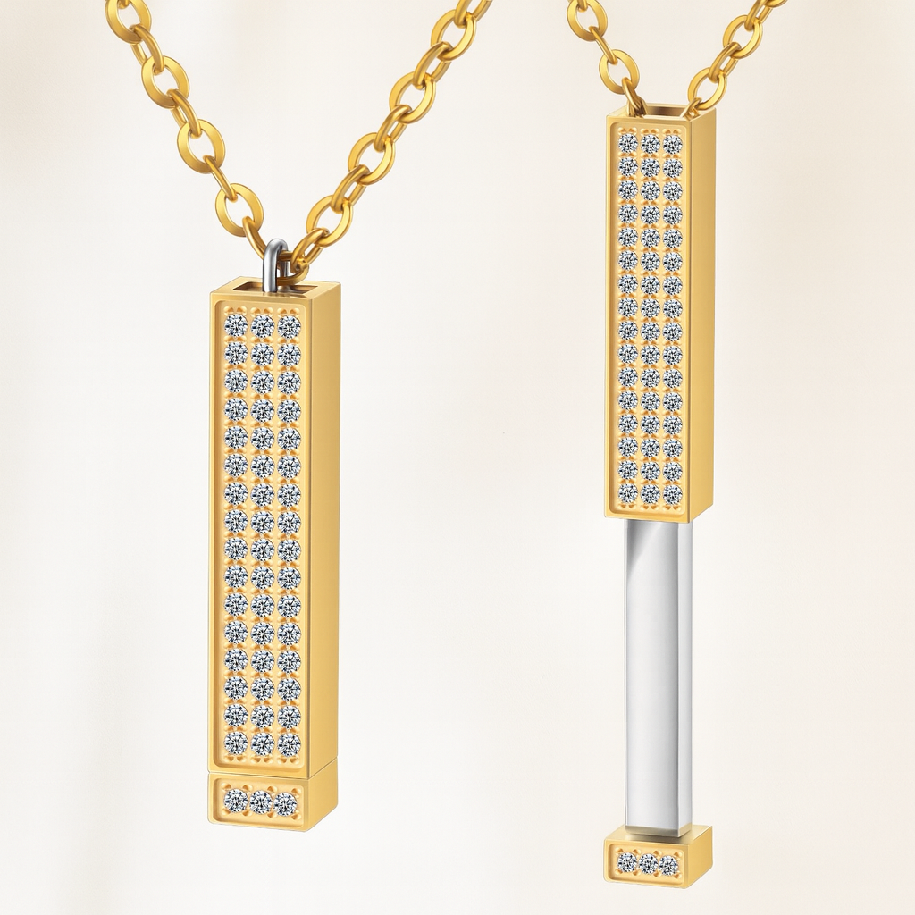 Golden crystal cover Secret stretch 3d bar pendant necklace