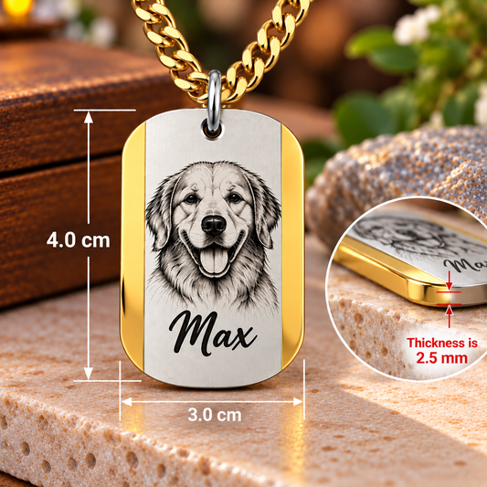 Dual Tone Pet Portrait Sketch & Pet Name Military Tag Necklace pendant.