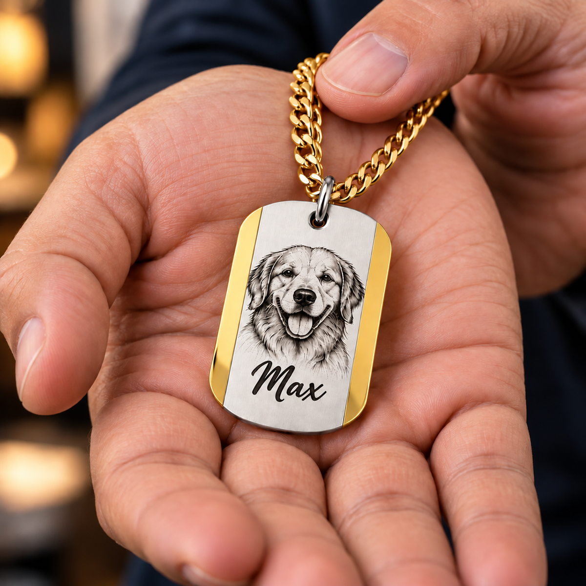 Dual Tone Pet Portrait Sketch & Pet Name Military Tag Necklace pendant.
