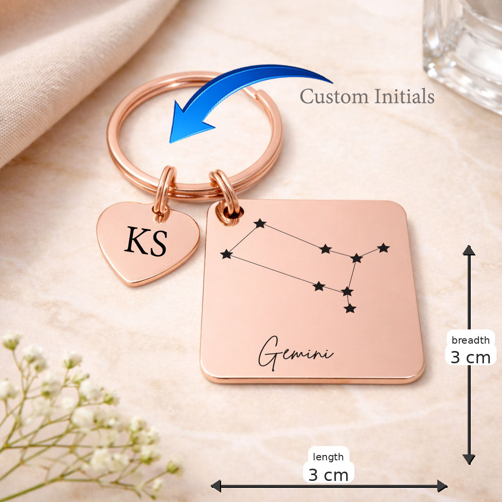 Gemini zodiac sign Keychain in Rose Gold