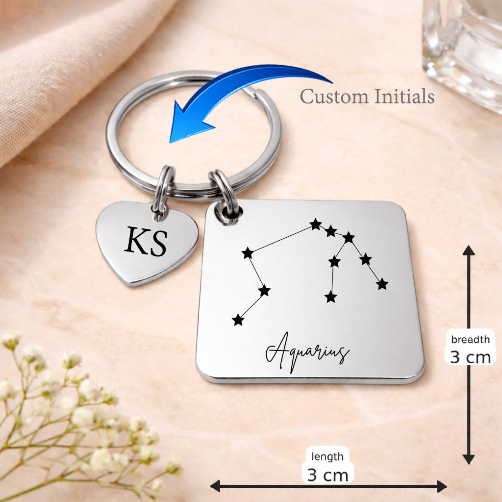 Aquarius zodiac sign Keychain in Silver Tone Steel