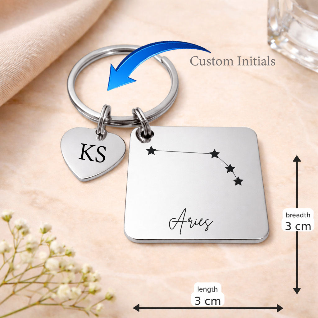 Aries zodiac sign Keychain in Silver Tone Steel