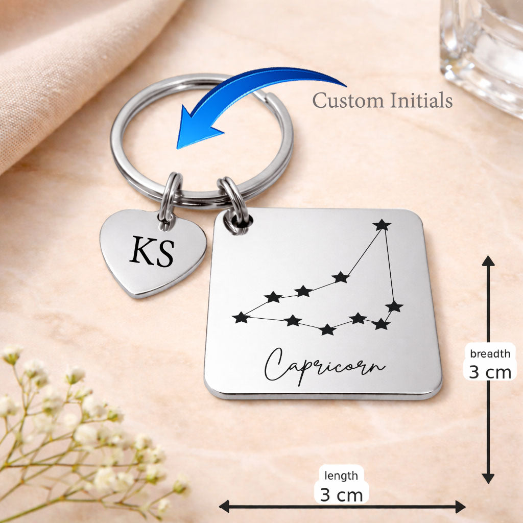 Capricorn zodiac sign Keychain in Silver Tone Steel