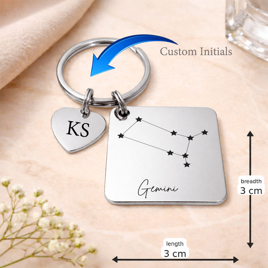 Gemini zodiac sign Keychain in Silver Tone Steel