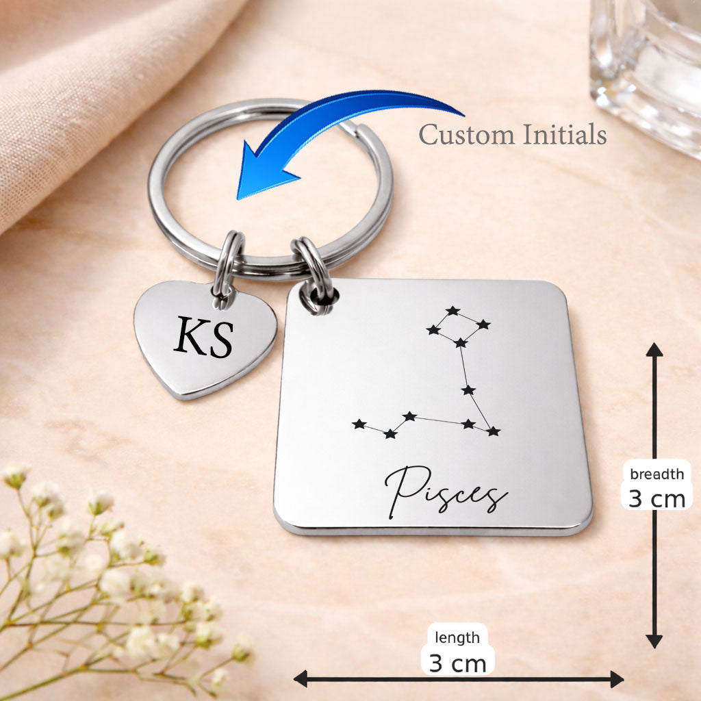 Pisces zodiac sign Keychain in Silver Tone Steel
