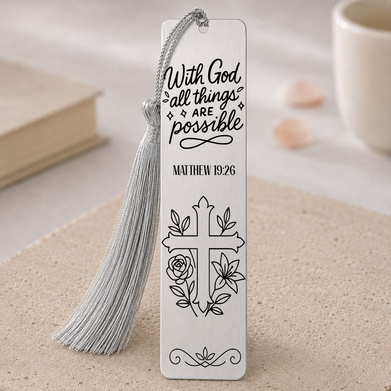 With God All Things Are Possible” Matthew 19:26 Christian Bookmark silver