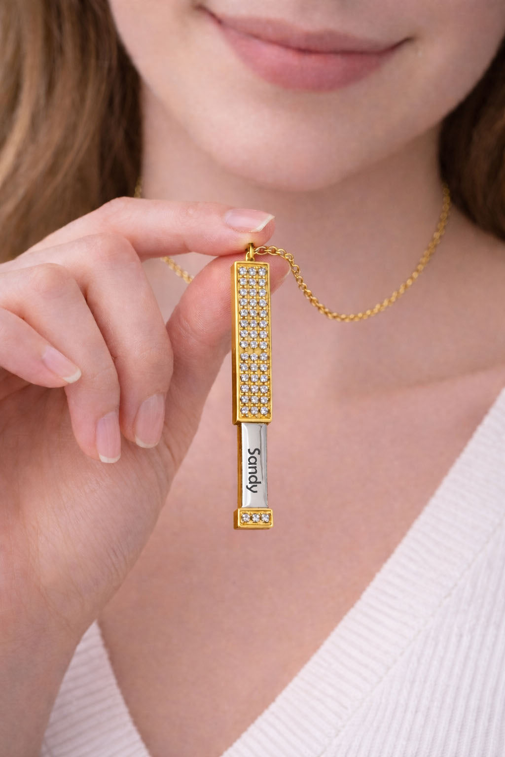 crystal Hidden stretch bar secret pendant gold