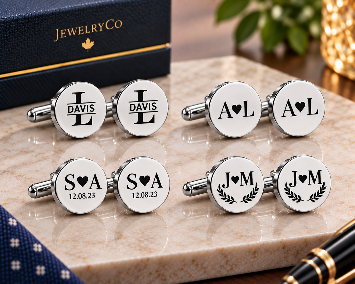 custom round cufflink in 18 preset initials designs
