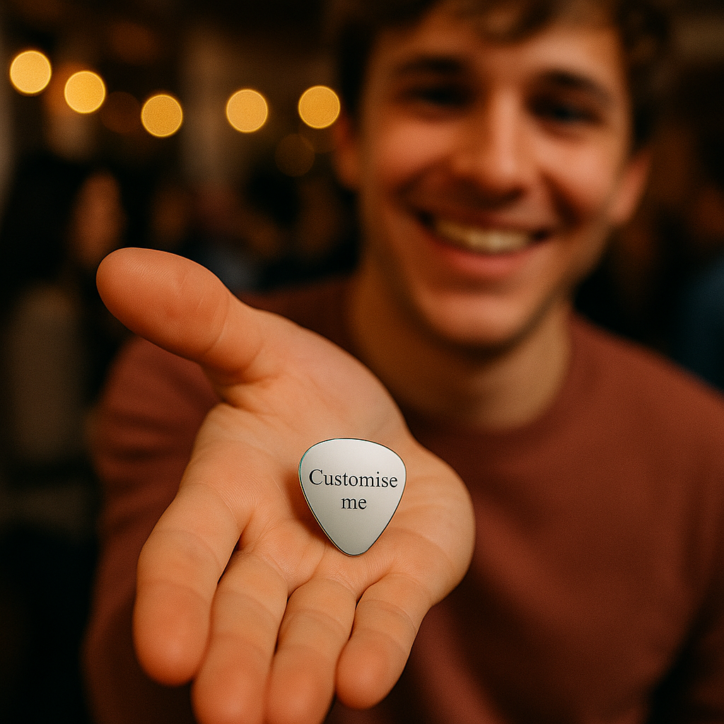 Person holding a silver guitar pick with 'Customise me' text, blurred background with lights