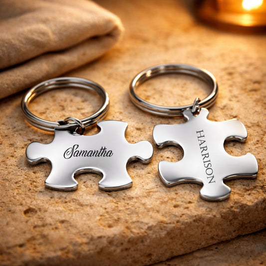 Custom Engraved Interlocking Puzzle Keychain Set for Couples.