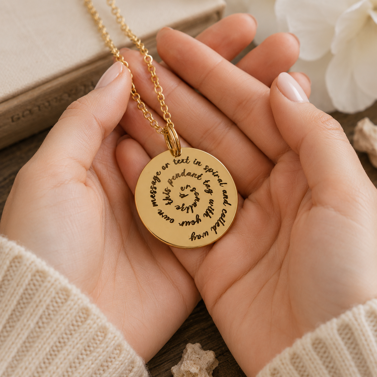 personalized spiral text round pendant necklace