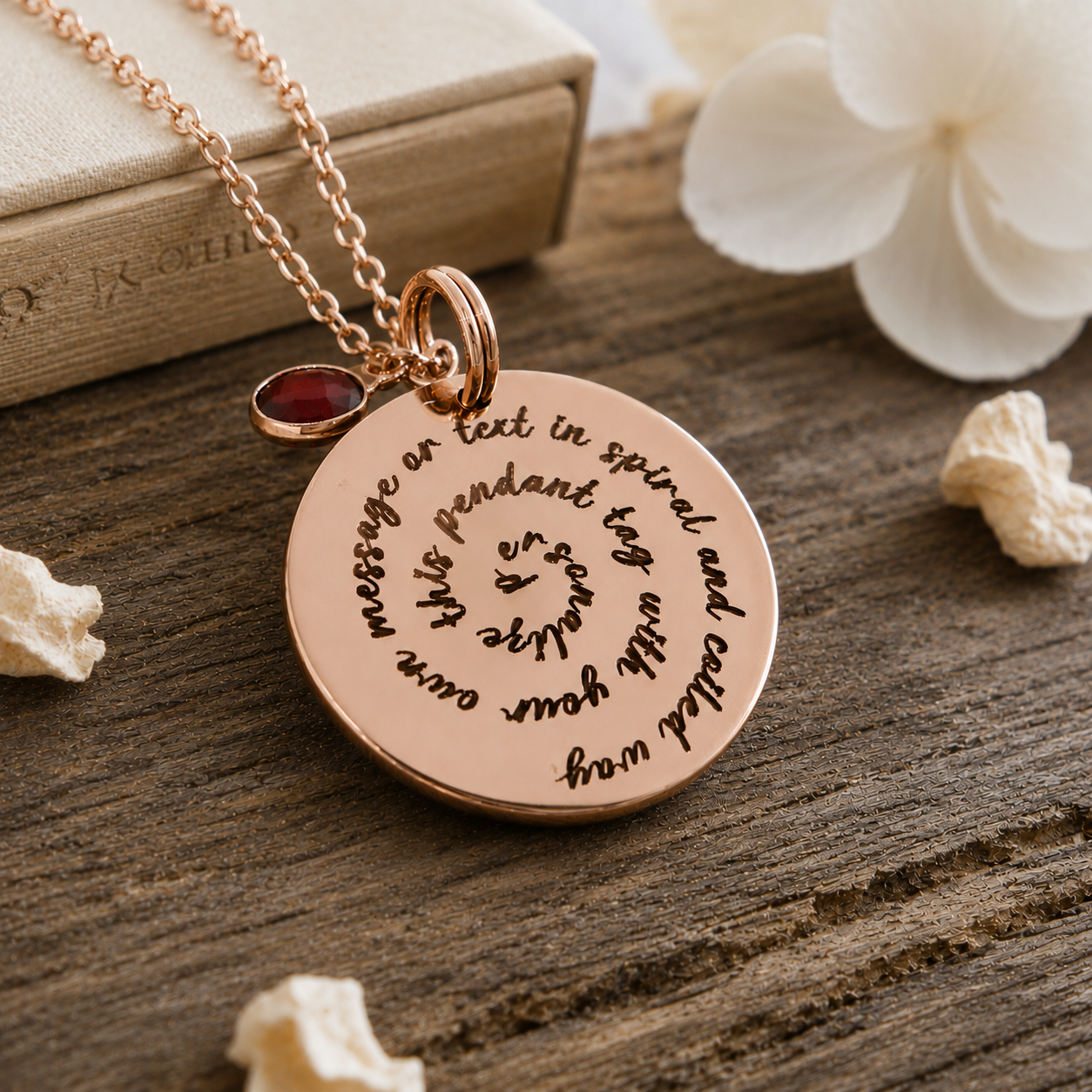 personalized spiral text round pendant necklace with birthstone