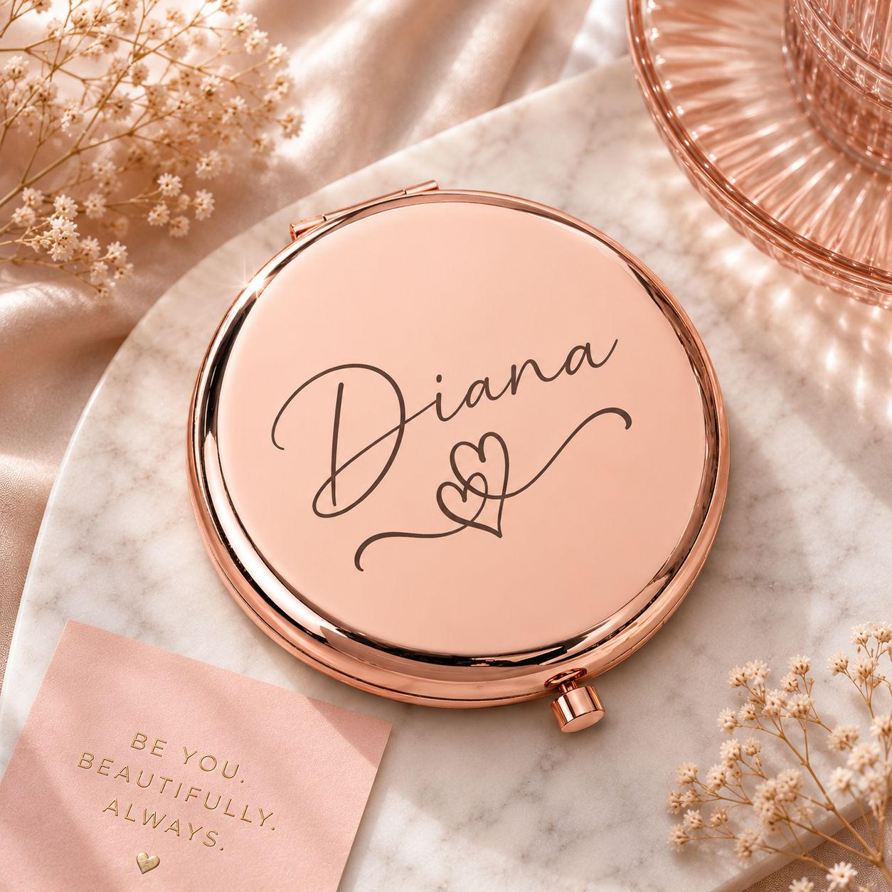rose Gold tone Personalized Compact Pocket Mirror with Premium Custom engraving