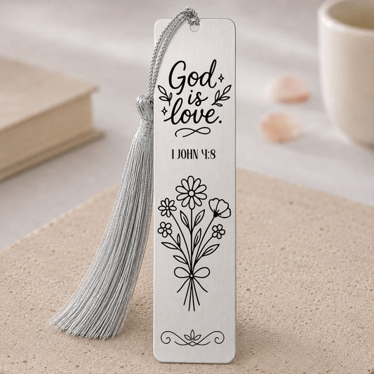God Is Love" 1 John 4:8 Christian Bookmark Gifts Steel Silver