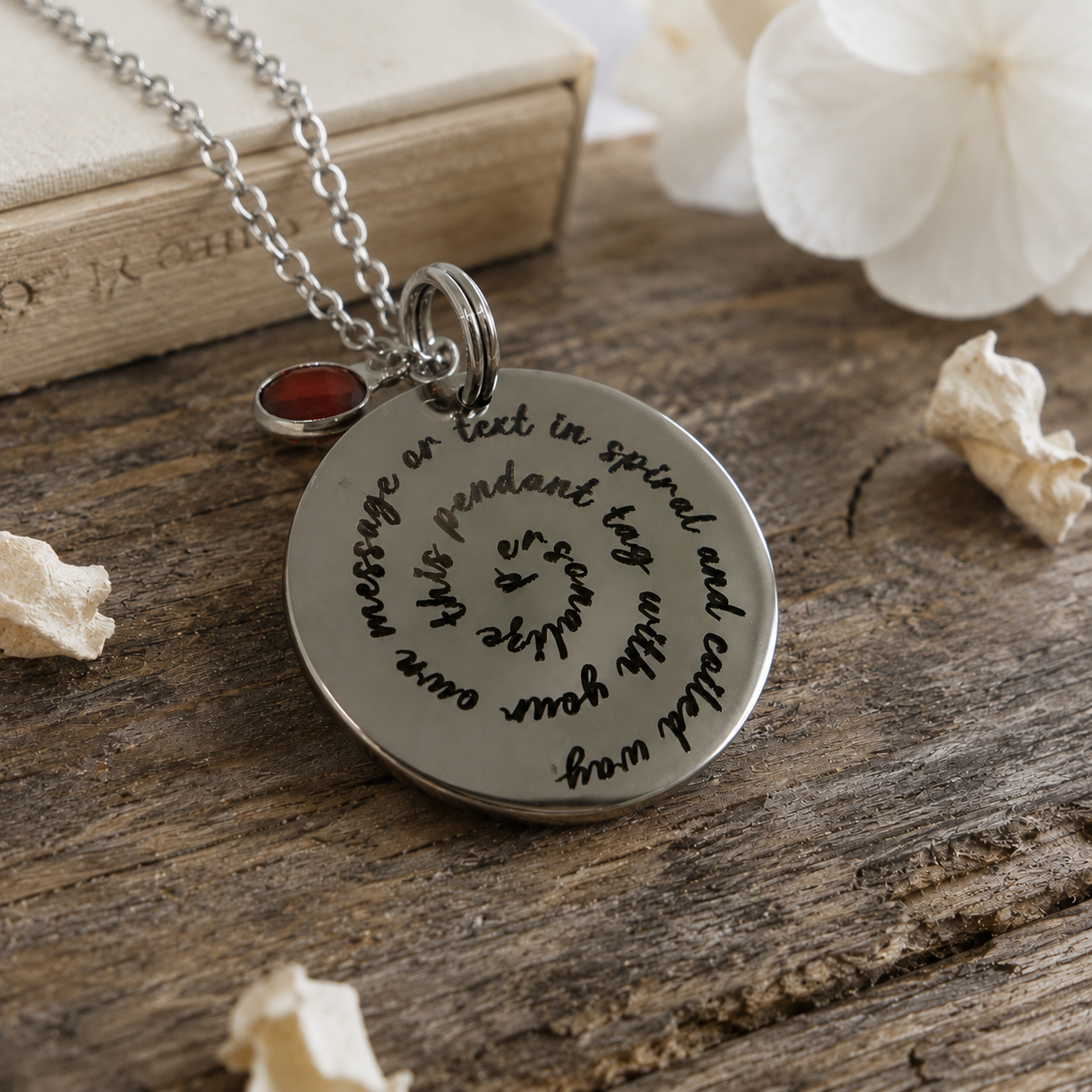 personalized spiral text round pendant necklace with birthstone