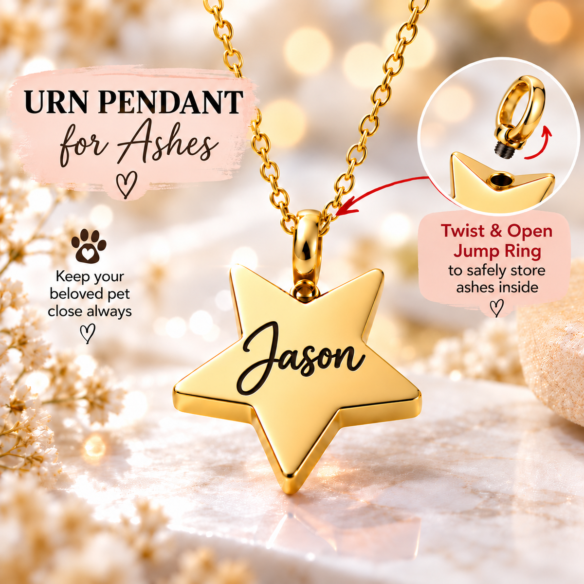 star shape pet portrait name urn for ashes necklace