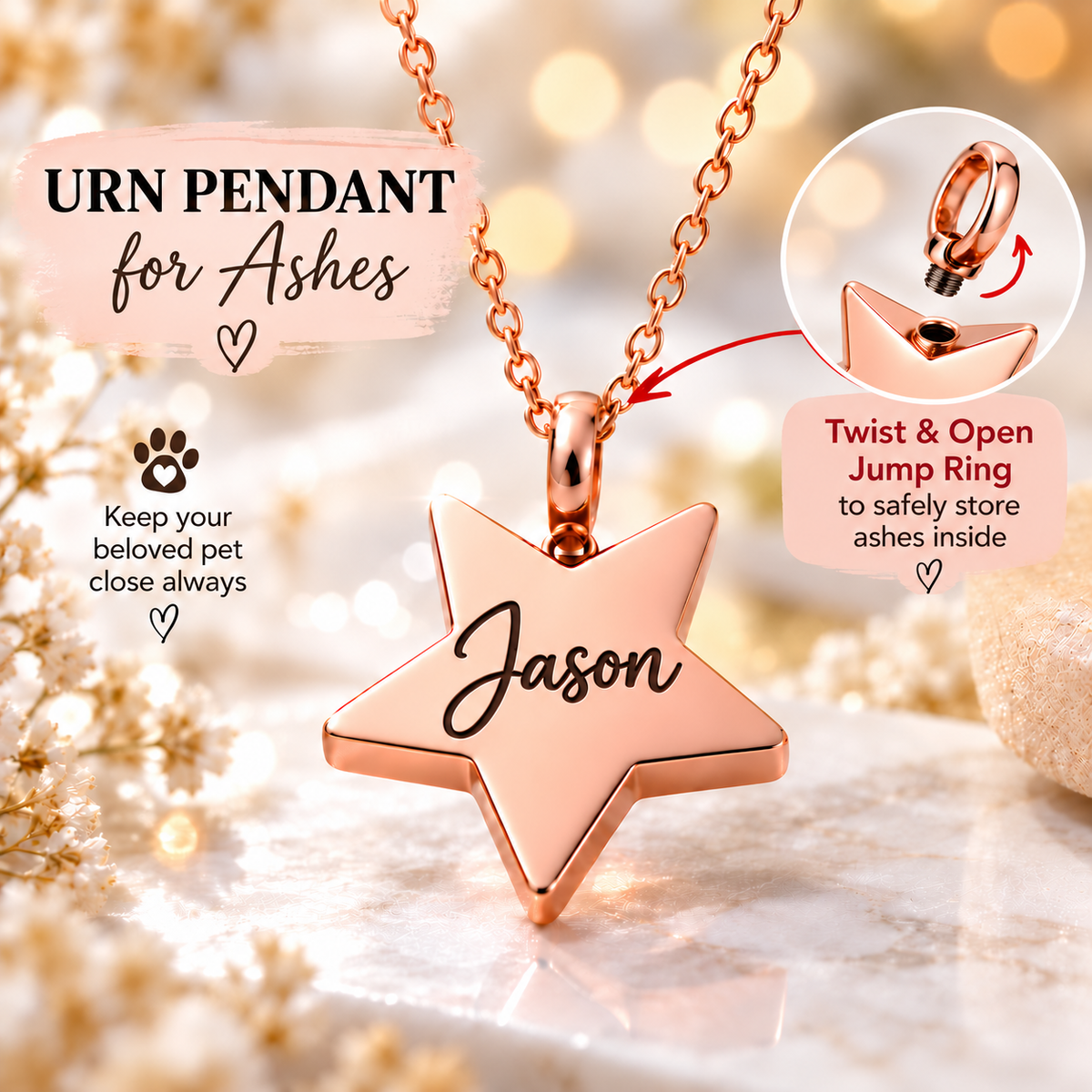 star shape pet portrait urn for ashes necklace