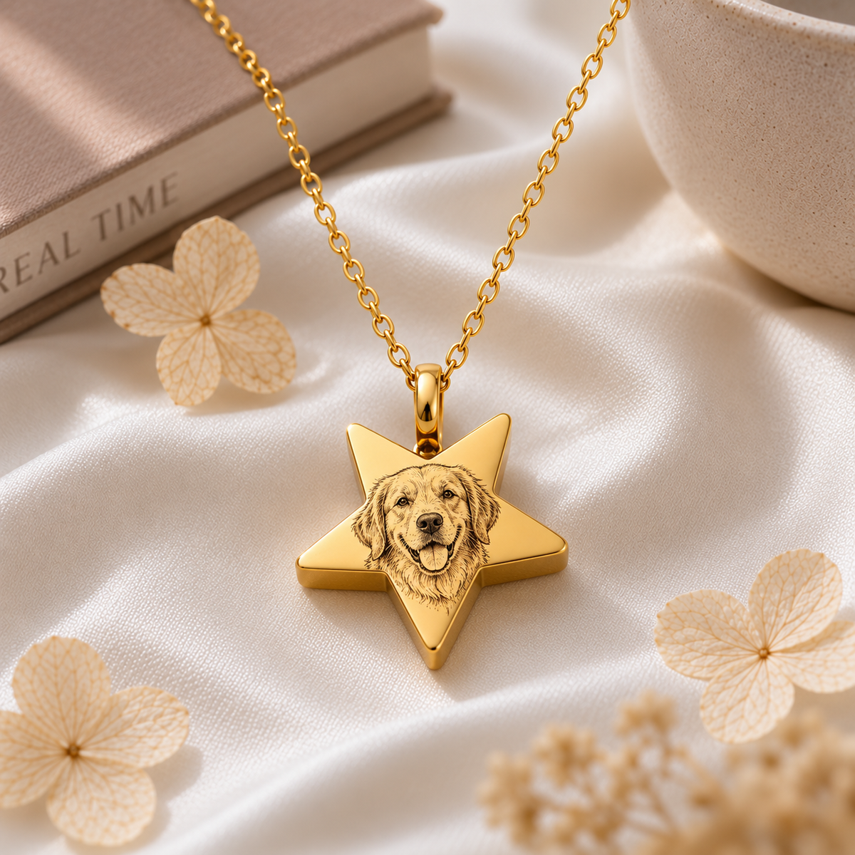 star shape pet portrait urn for ashes necklace Gold tone