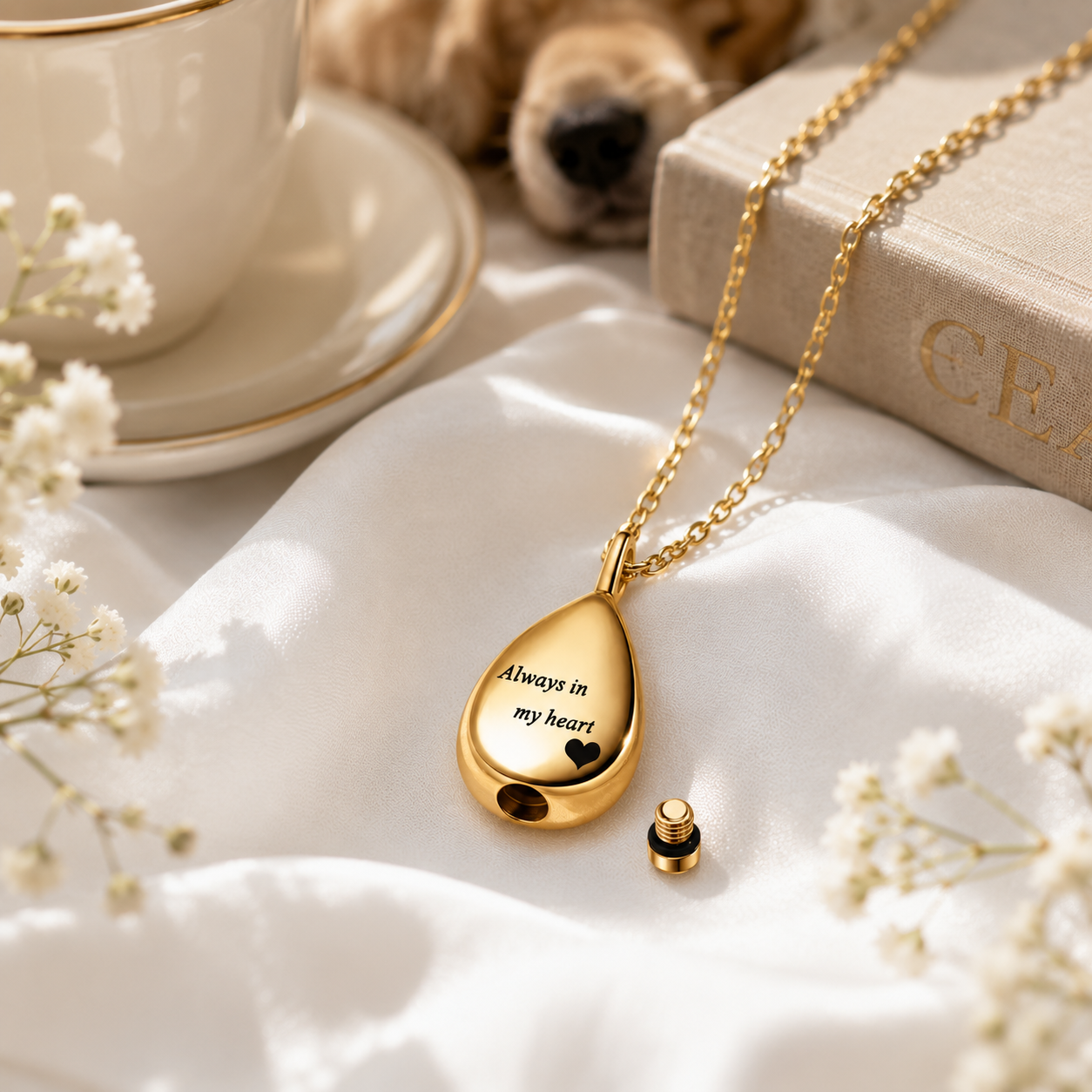 A gold teardrop-shaped pendant necklace with the engraved words 'Always in my heart' and a small heart icon, shown with its matching gold cap on a white fabric surface. The scene is styled with a cup, flowers, a book, and a dog in the background.